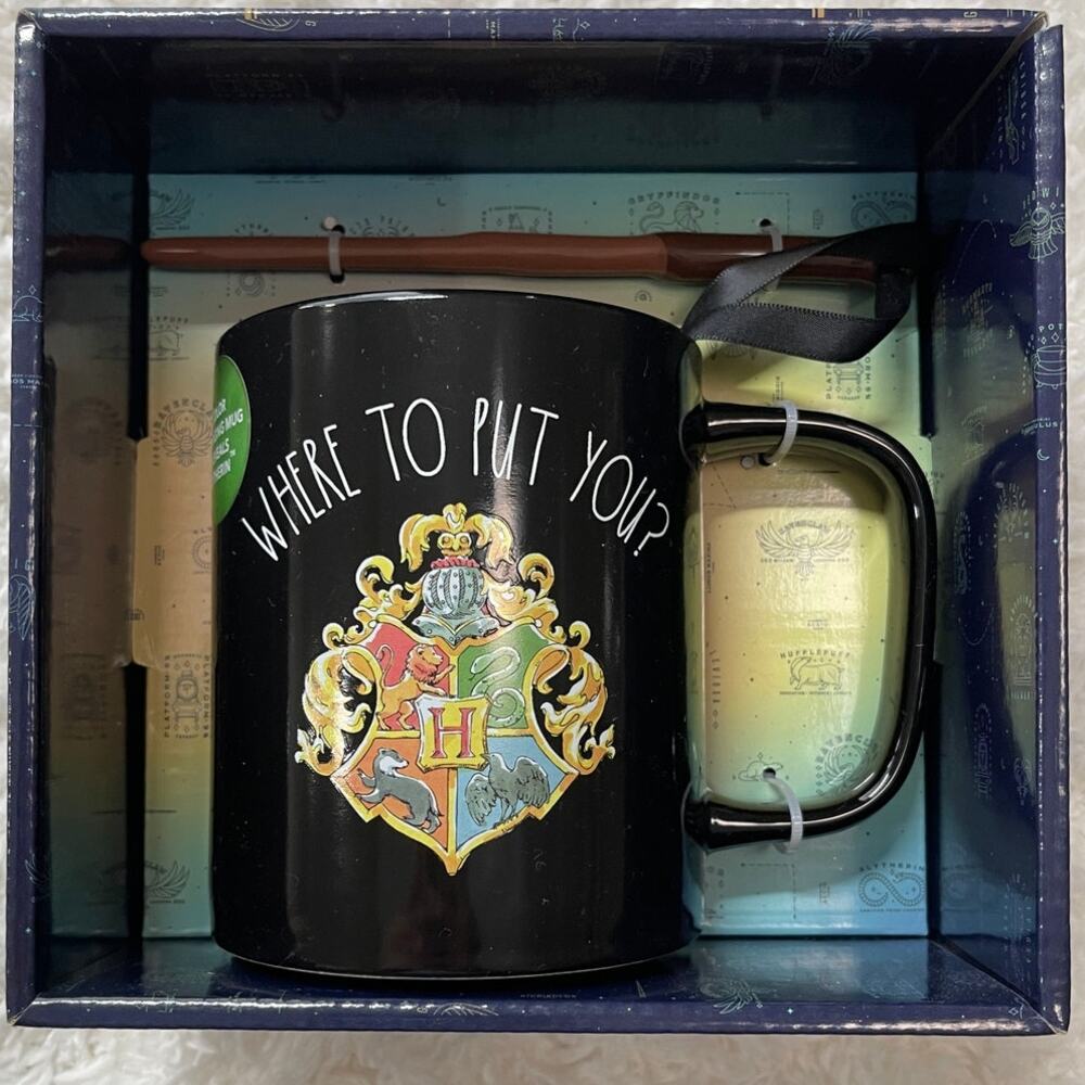 Rae Dunn Harry Potter Heat Reveal Mug Where To Put You? Hogwarts + Wand Stirrer